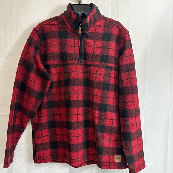 John Wayne Stock & Supply Mens 1/4 Zip Red&Black Plaid Wool Pullover Size Med - Picture 1 of 6